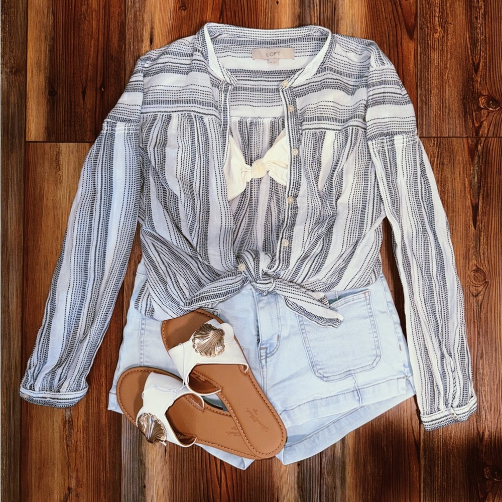 LOFT Navy and White Striped Blouse